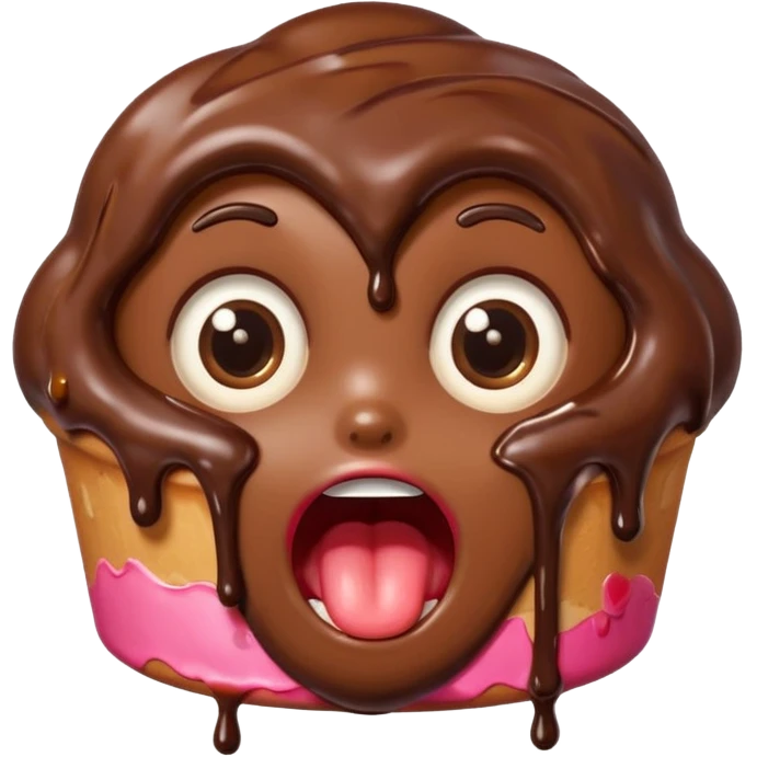 Funny cartoon chocolate mini pastry, wide shocked eyes, messy chocolate dripping, open mouth, chibi style, Twitch emoji style, transparent background, colorful
 emoji
