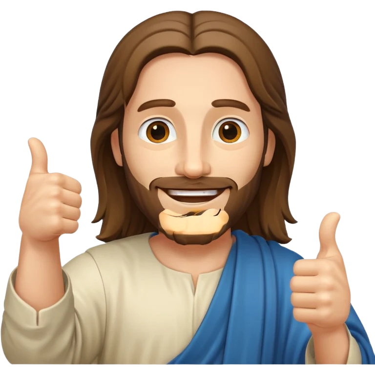 Smiling emoji version of Jesus pointing at the viewer with both thumbs up in both hands emoji