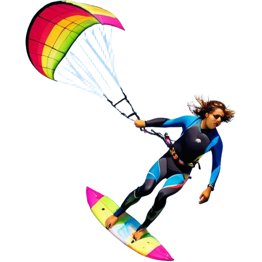 A vibrant kite soaring high in the sky, attached to a kiteboarder riding the waves below. The scene is filled with bright colors, capturing the energy of the sport. The background features the ocean, wind-blown waves, and a clear sky, showcasing the excitement and freedom of kiting. emoji