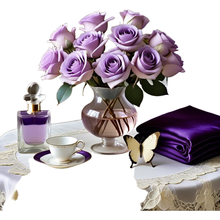 A dreamy, ethereal composition set in soft natural light: a lavish bouquet of light violet Ascott tea roses sits atop a vintage lace-covered table, their petals exuding a subtle fragrance. A deep purple satin throw adds contrast, its texture rich and luxurious. A graceful lavender butterfly hovers delicately above, as if drawn to the scene. An ivory silk ribbon, artfully tied into a loose bow, rests beside a beautifully designed pearl-colored vintage perfume flacon, its glass reflecting the surrounding hues in an elegant glow. emoji