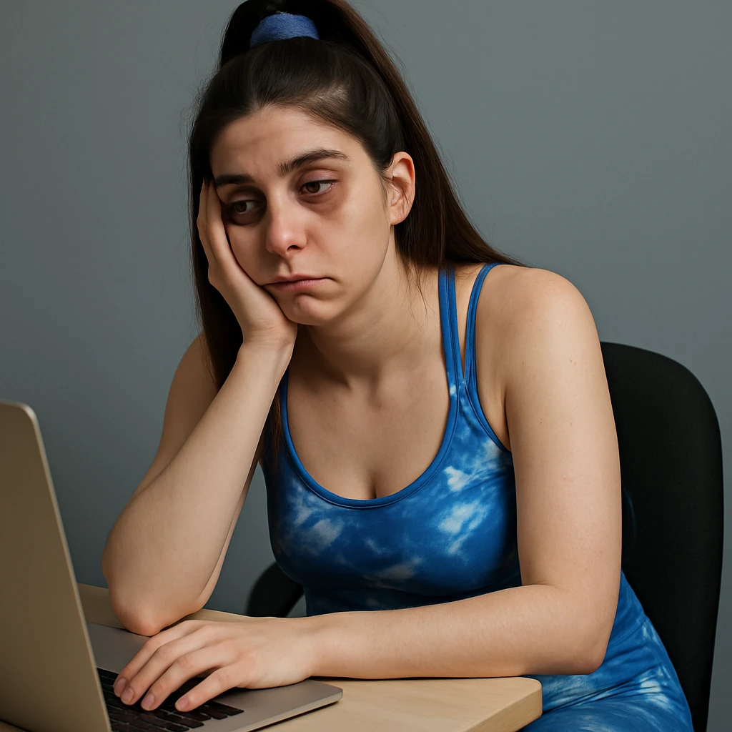 A slender woman in 4K, sitting at a desk, head resting on one hand, with a vacant gaze, prominent dark circles under her eyes, a slouched posture and drooping shoulders, inspired by the reference photo. emoji