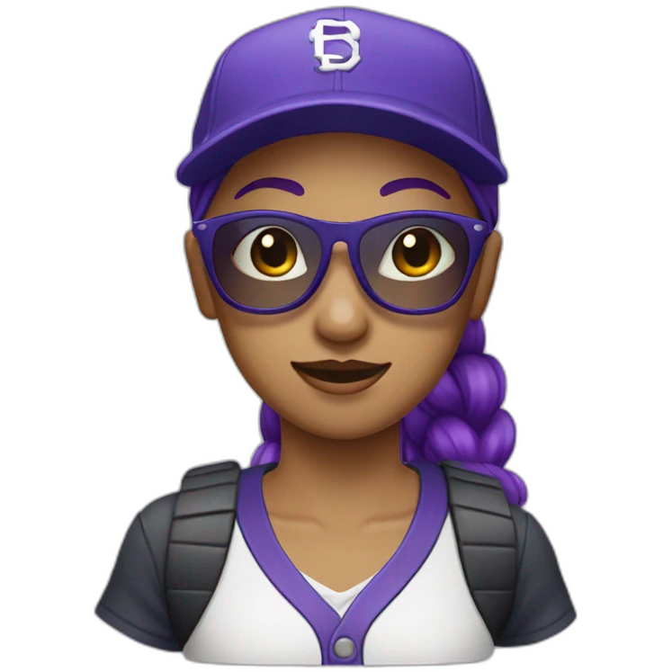 girl with purple ponytail, indigo baseball hat and sunglasses emoji