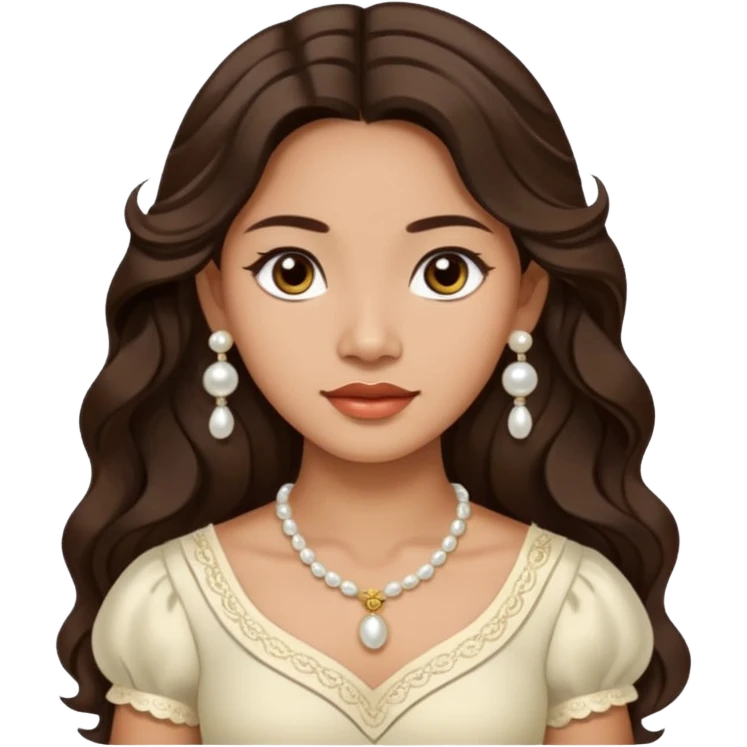 Tan Filipino woman with dark brown eyes and long dark wavy hair parted in the middle wearing a traditional filipiniana and white pearl stud earrings and no other jewelry emoji