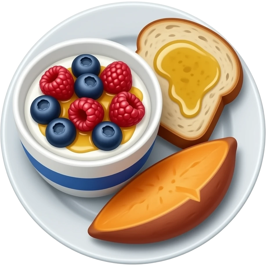 Realistic Plate with greek yogurt bowl topped with blueberries raspberries and maple syrup and sourdough slice topped with a lot of olive oil and a sweet potato on the side HD emoji