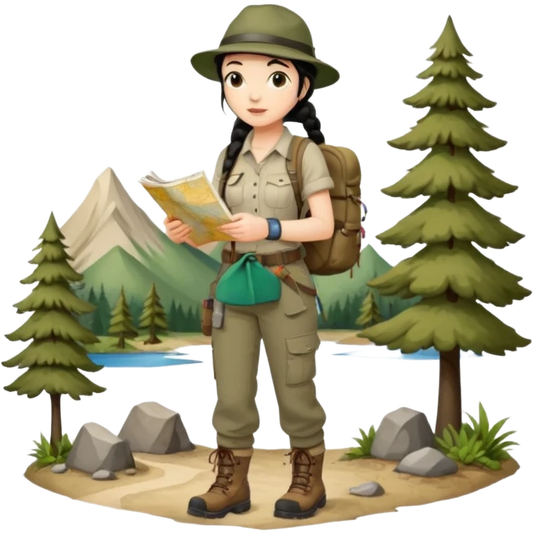 A braid black hair backpacking woman checking her map with curious eyes while walking wear camping hat and dirt covered boots full body emoji