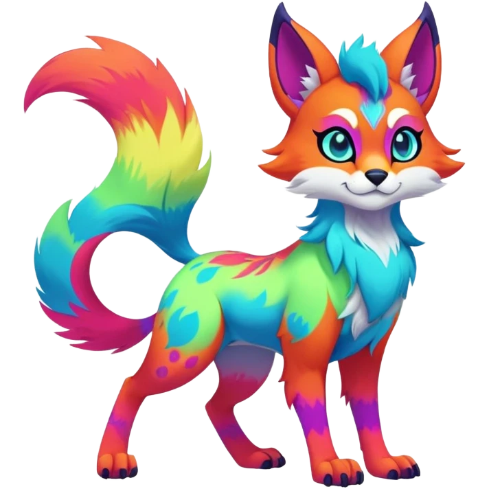 Neon-colored multi-colored cool Falvie-Fionbri-creature-fursona, full body, with random markings emoji