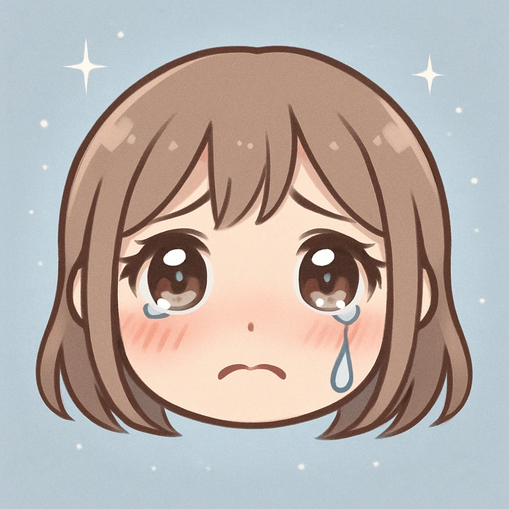 crying anime girl emoji, glossy eyes, one tear, pink cheeks, pastel blue-gray background with sparkles, soft, emotional, sensitive style emoji