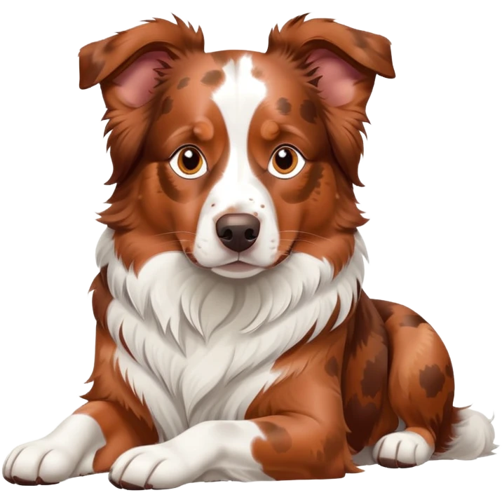 Red merle Australian Shepherd dog laying down, copper and white spotted coat, relaxed pose emoji