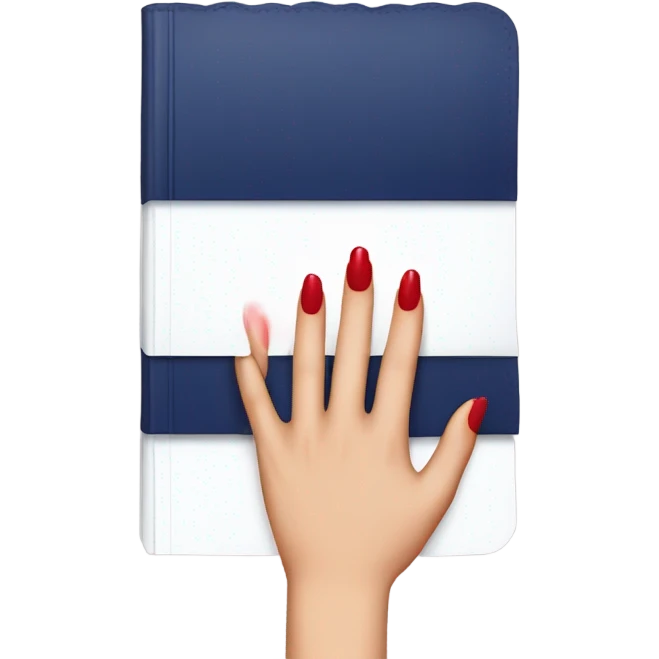 a hand with a red manicure holds a dark blue diary emoji