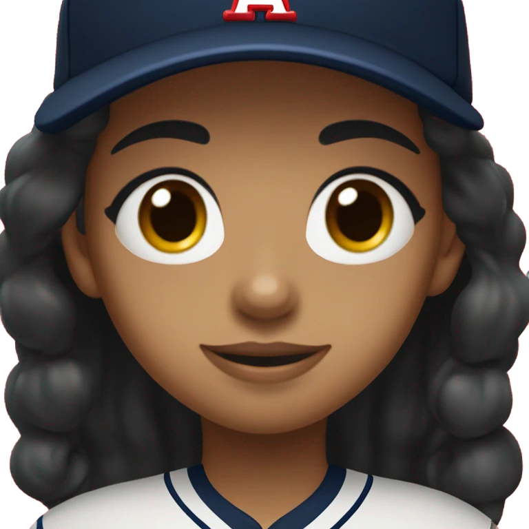 Black long hair girl wearing navy ballcap emblazoned with a red G initial and wearing baseball uniform emoji