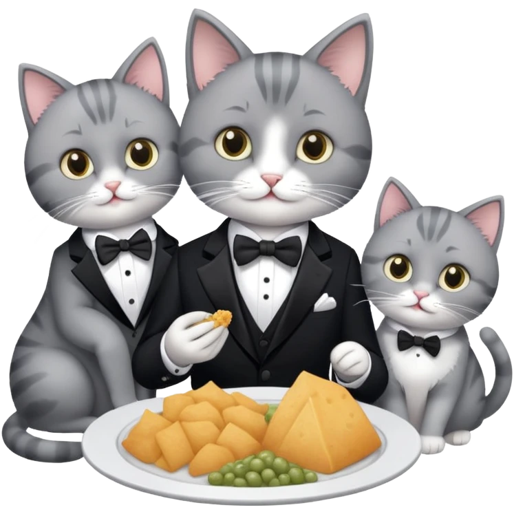 One tuxedo and two gray cats eating food  emoji