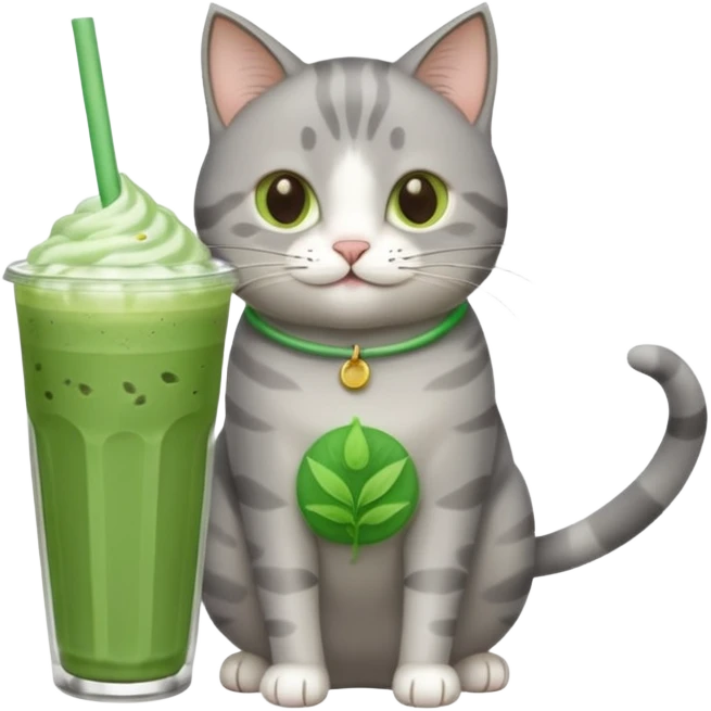 Happy gray Cat holding in its front two paws an iced matcha latte emoji