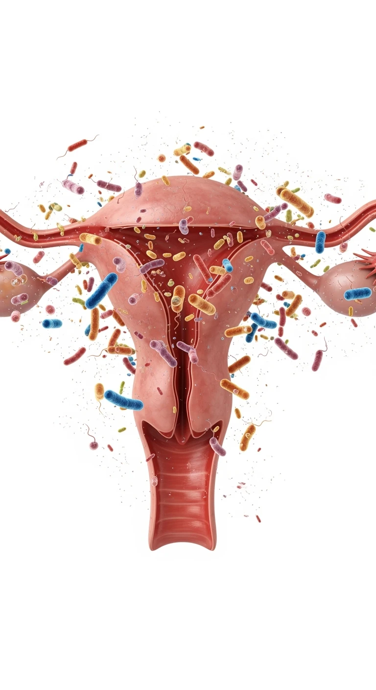 UTERO UMANO REALISTICO ANATOMICO CON BATTERI INTESTINALI CHE GLI FLUTTUANO INTORNO, ISOLATO SU SFONDO BIANCO emoji
