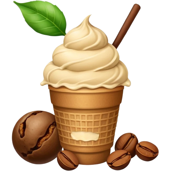 bolitas de helado de cafe con semilla de cafe minimalista y con una hojita  emoji