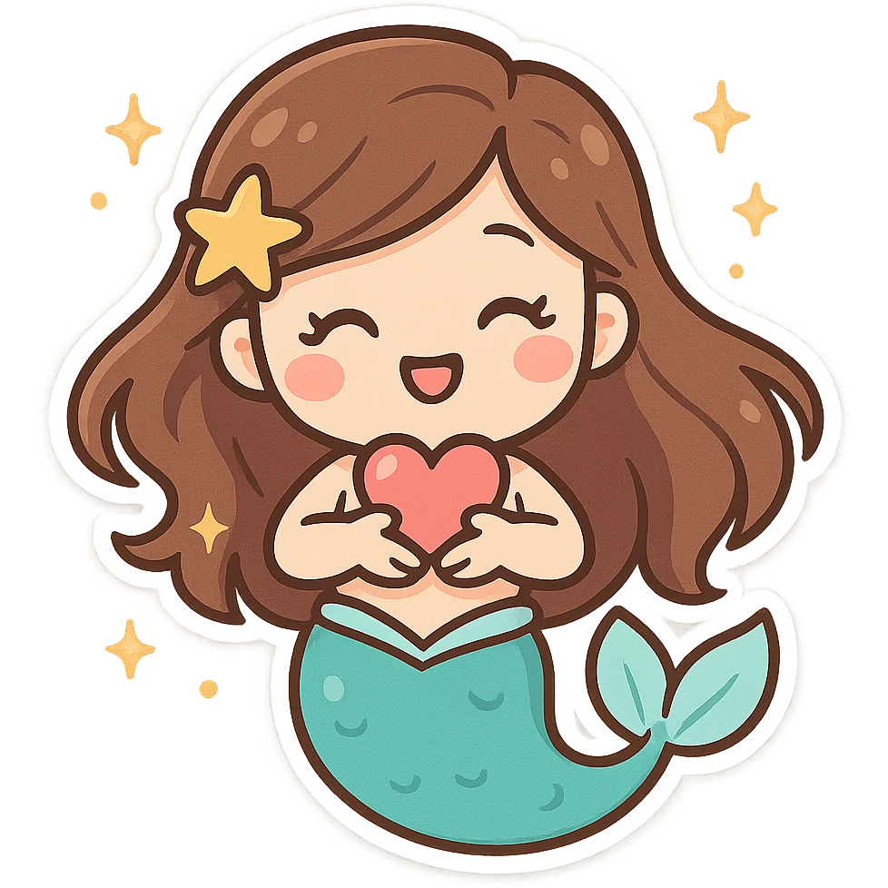 mythical emote showing care and affection, chibi-style mermaid with sparkles, sending a heart or hug, magical and sweet emoji