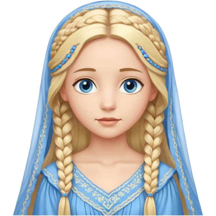 Joven de unos 30 años, de aspecto dulce, elegante.
Piel clara, ojos (pueden ser azules o verdes)
Rubio o castaño largo, con trenzas.
Vestido largo de tonos suaves (blanco, azul o lavanda), con bordados dorados; un manto o toca fina cubriendo la cabeza. Que se vea todo el cuerpo de pies a cabeza emoji