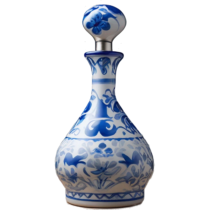 The Clase Azul Tequila bottle has a tall, hourglass-shaped ceramic body, hand-painted in white with cobalt blue floral designs. It’s topped with a distinctive gray, bell-shaped stopper that adds a final elegant touch. emoji