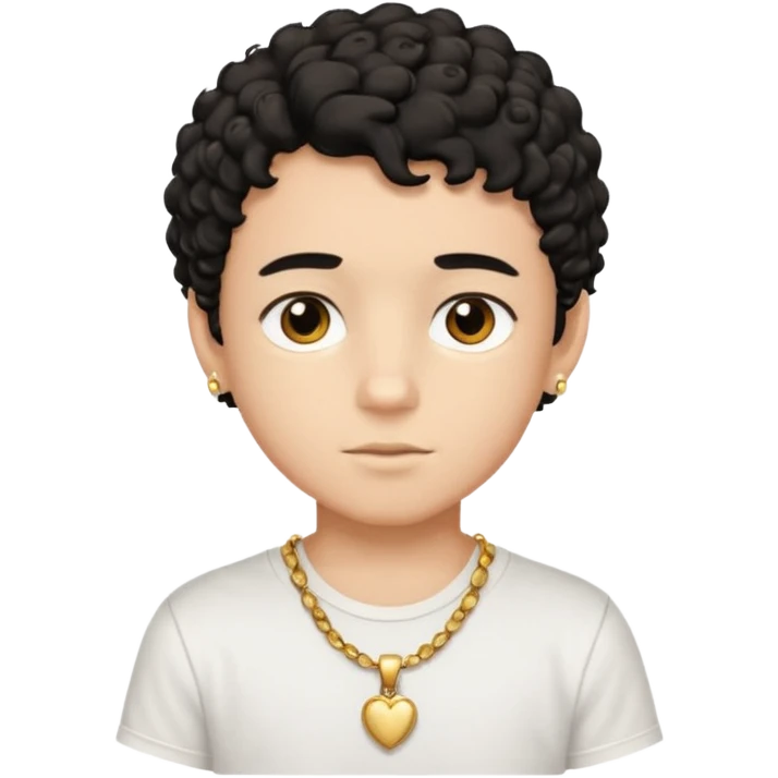 a boy with short black curly hair and brown eyes with white t-shirt and gold jewelry  emoji