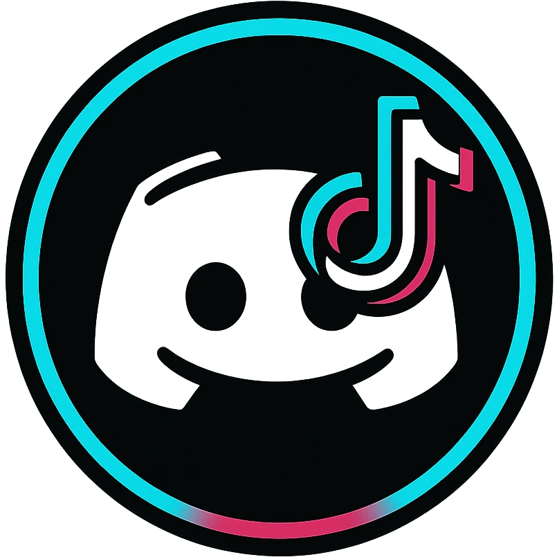 Discord role icon with a circular design, incorporating TikTok logo elements and colors black white cyan and pink, stylish and eye-catching emoji
