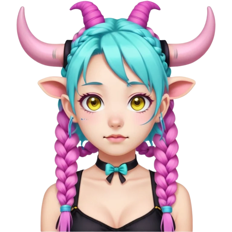 En anime-ku-jente med to rosa lange tykke fletter og cyan striper i håret, ku-horn og ku-ører, sort BH-topp over en gul cropped-fleece-blouse, lilla øyne, søt sløyfe på halsen  emoji