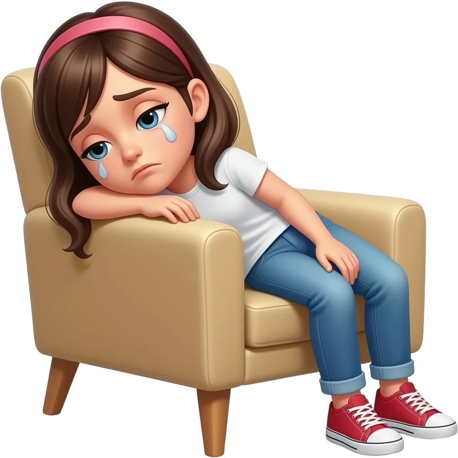 a brunet girl resting on a chair wih tired face emoji