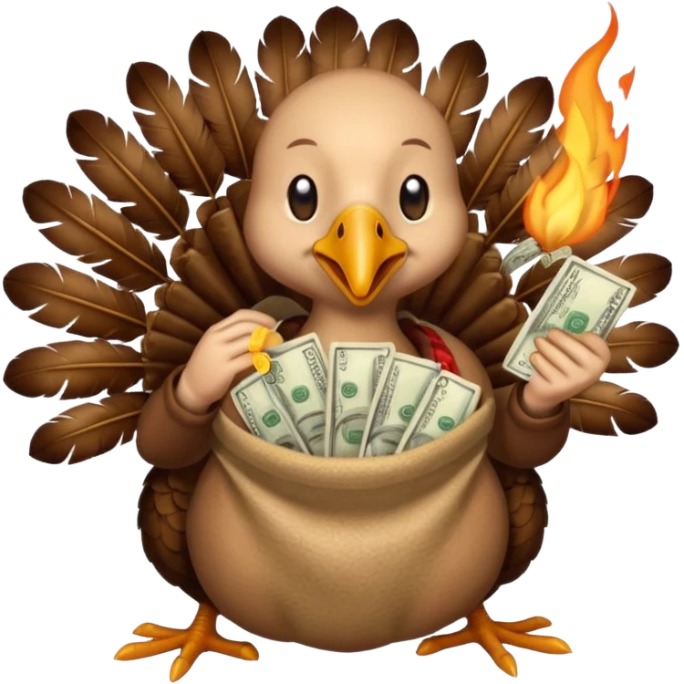Can you create a turkey warming up a bag of money by a fire emoji