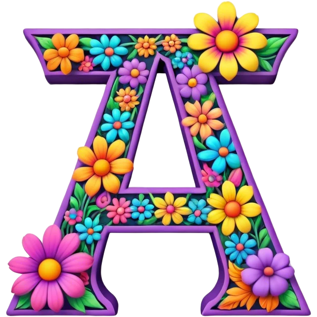 3D, gothic style psychedelic colored Letter A with hippie style flower border emoji