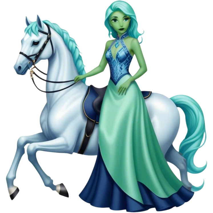 alien reptilian green skin woman, in long slim pastel blue formal party satin dress with gradient shiny sparkling navy blue diamonds embroidered , ride a White horse emoji