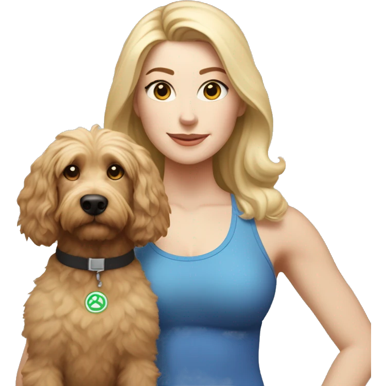 white woman with long blonde hair and cat shaped eyes wearing a yoga outfit standing alongside a tri-colored bernadoodle dog emoji