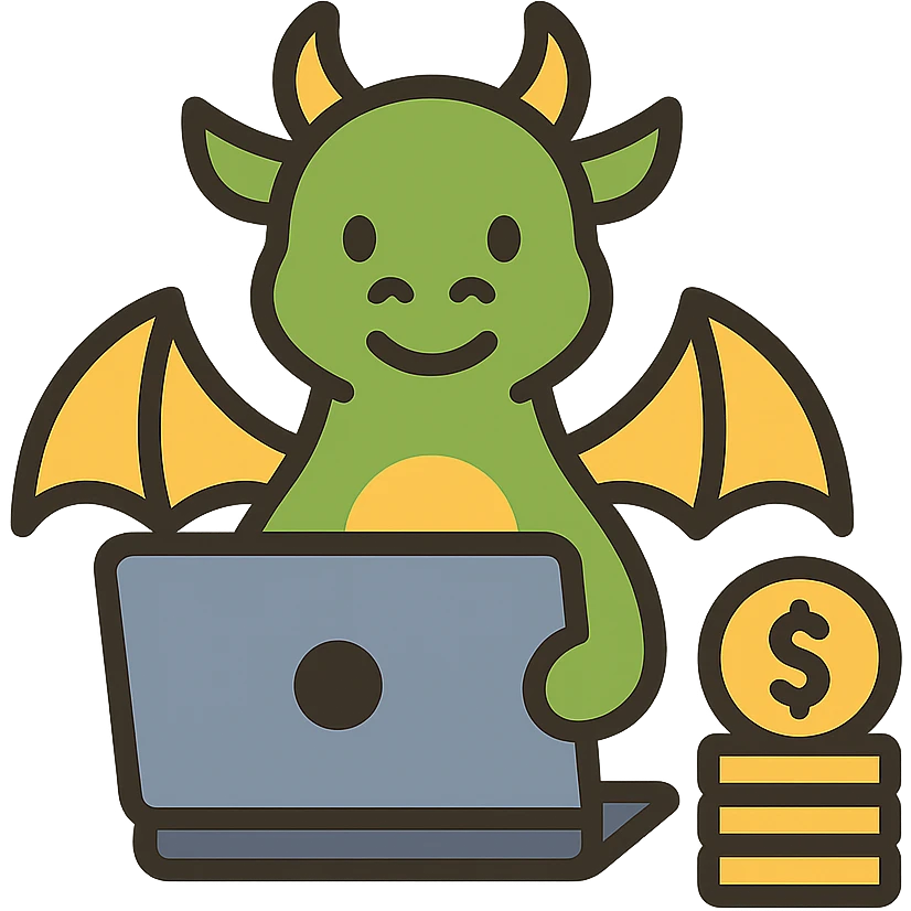 A dragon with a laptop and a stack of money emoji