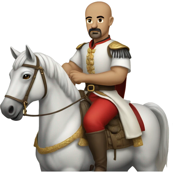 a Cossack warrior sitting on a horse in a field. The Cossack has a shaved head and a long strand of hair on one side. He has a thick, curved mustache and wears a gold earring in his left ear. He is wearing a simple white shirt and red pants emoji