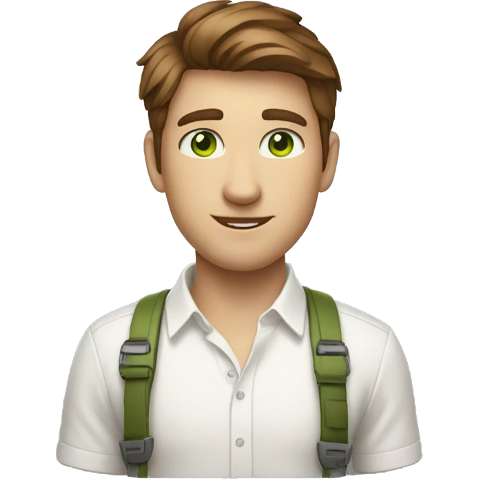 Brown short haired, green eyes, white shirt, AirPods, developer with macbook emoji