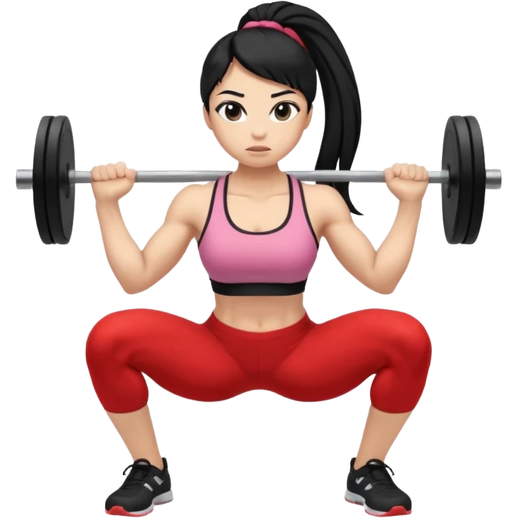 Women with long black ponytail doing a squat with no weights emoji