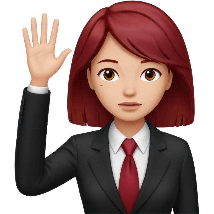 now make the girl u created in bussines outfit waveing with dark red hair and the man u created facepalm emoji
