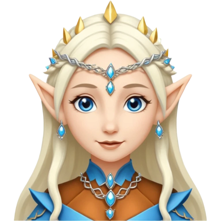 elf princess with pointy ears, white skin, silverblond hair with jewellery, blue eyes, gentle smile emoji