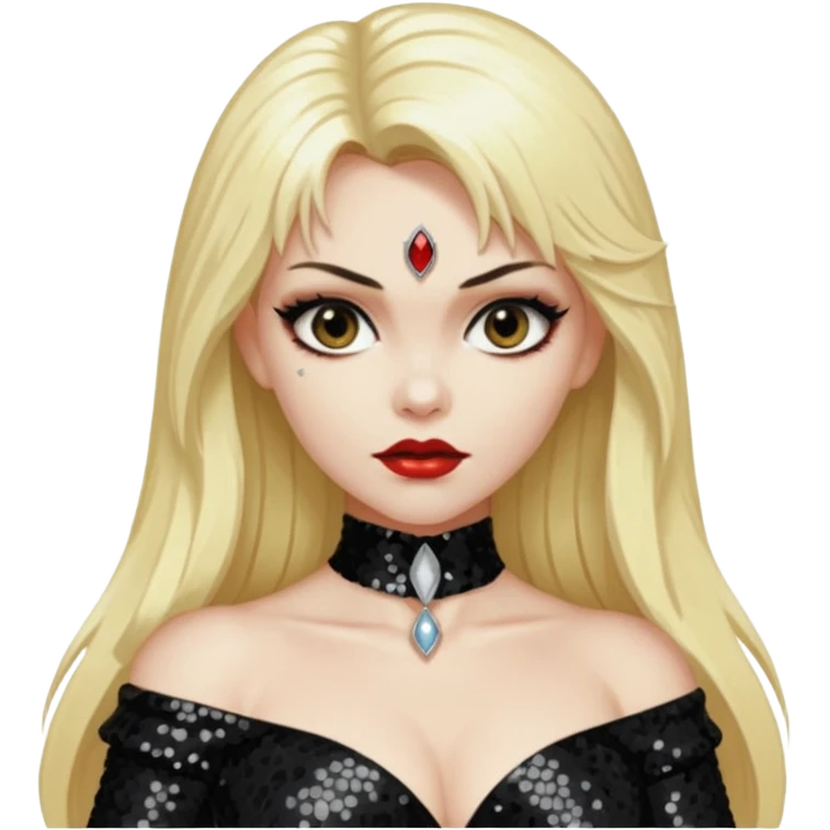 Draculina from Vampirella with long blone hair, black sequin outfit emoji