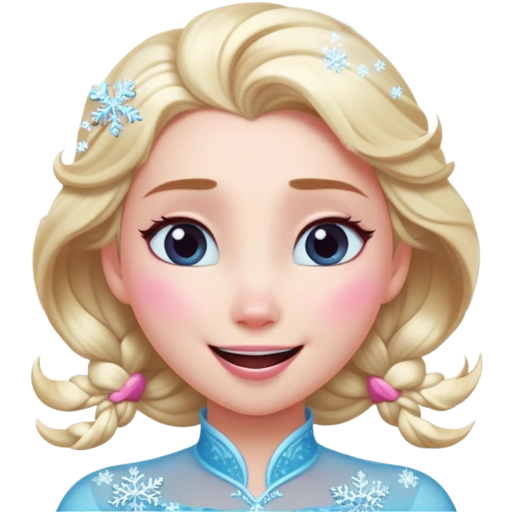 Cinematic Adorable Elsa Portrait Emoji, Giggling as tiny snowflakes swirl around her, cheeks flushed pink from the cold, eyes twinkling with warmth, a heart-melting mix of beauty and playfulness! emoji