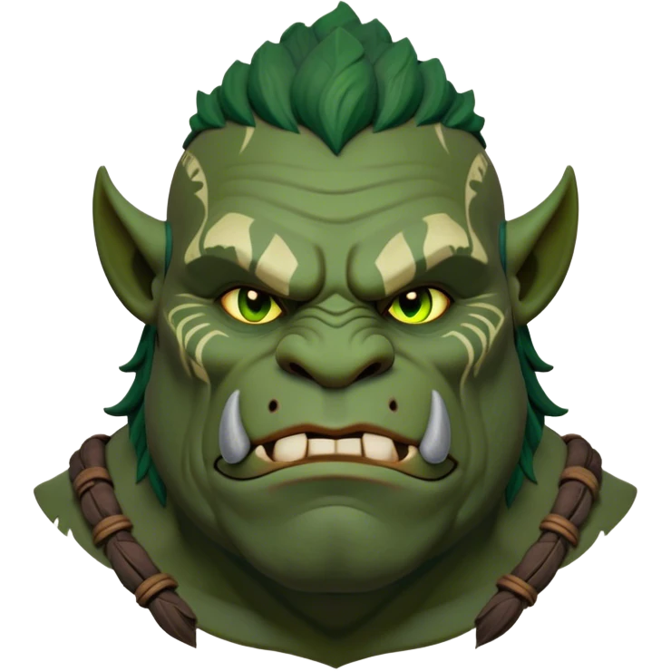 Cinematic Noble Ogre Portrait Emoji, Majestic and imposing, with a rugged, muscular form in deep earthy greens and browns, adorned with battle scars and subtle tribal markings, exuding calm, noble strength and unexpected wisdom, simplified yet strikingly detailed, glowing with a shadowy outline that captures the essence of a gentle giant with fierce heart! emoji