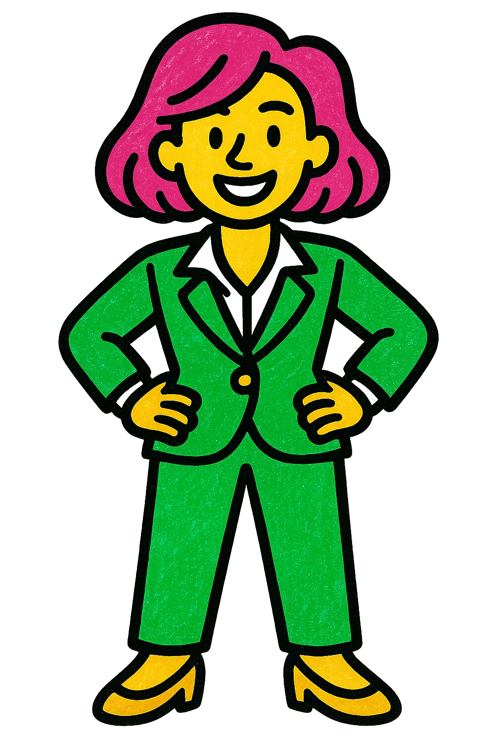 woman in a suit, modern look, green gold and white color scheme, rounded shapes, simple design emoji