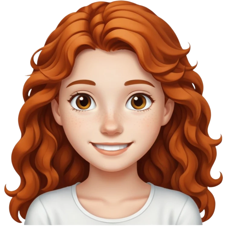 smiling teenage girl with long wavy hair, freckles, white top emoji