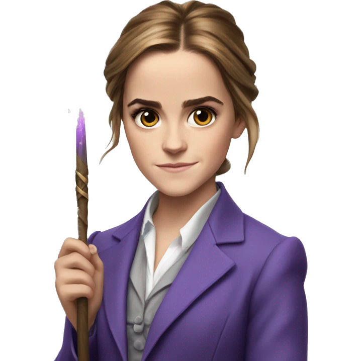 Emma Watson violet suit as Minister of Magic with her wand emoji