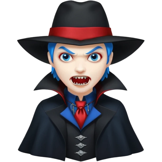 Vampire with blue hat,black coat with read collared ,teeth looks like vampire with aggression on face, full body. emoji