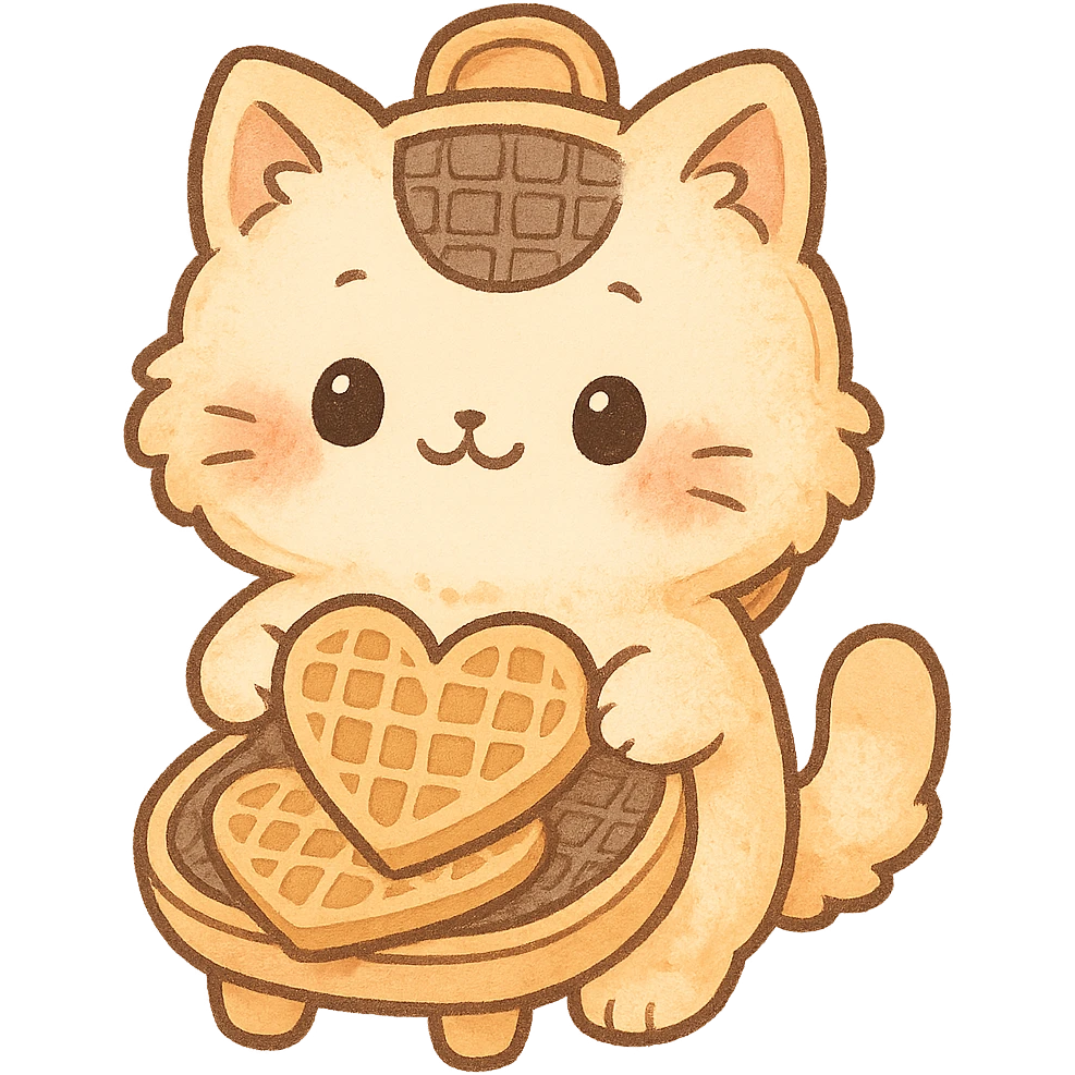 chibi style soft fluffy cat as a waffle maker, showing heart-shaped waffles, pastel orange, full-body emoji