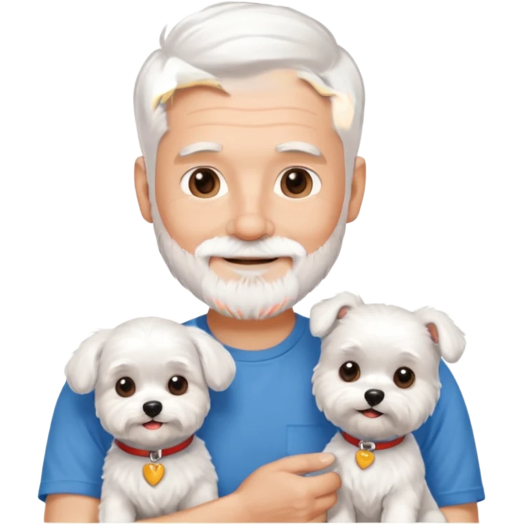 handsome gentleman, 60 years old, crew cut silver hair, full beard, wearing a blue t-shirt, smiling and holding a maltese dog emoji