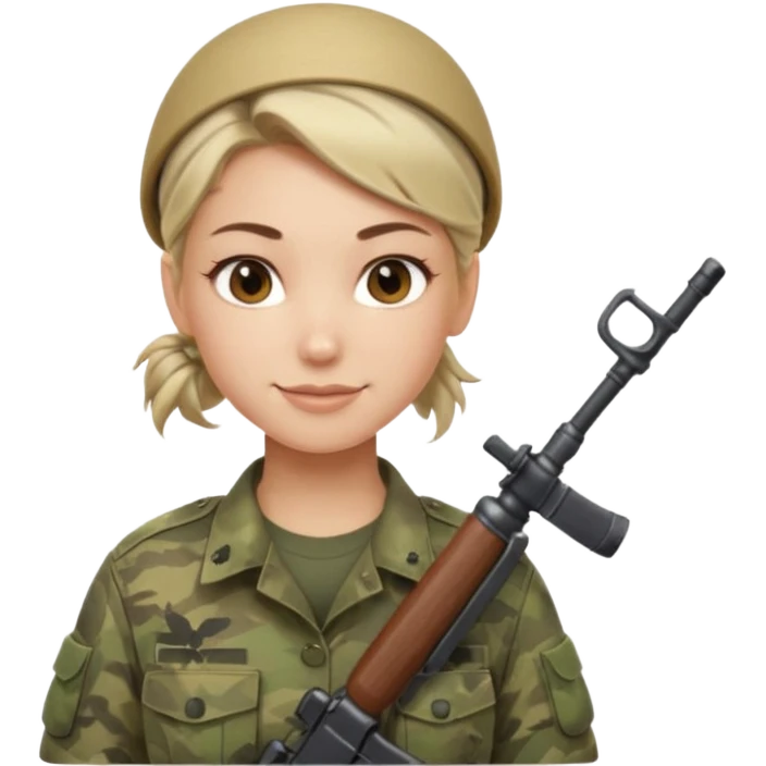 Apple emoji look — female soldier, no cap/helmet, bust, neutral smile, generic camo shirt, hair tied back, soft gradients, no weapon emoji