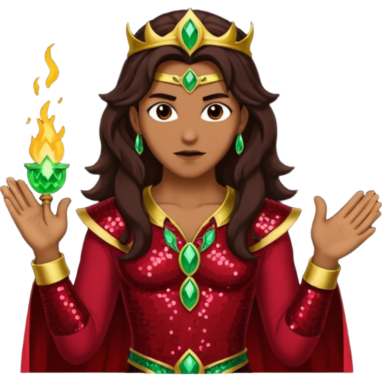 Samael, Poison of God from Gods and Goddesses with tan skin, long dark brown hair, dark red sequin outfit emoji
