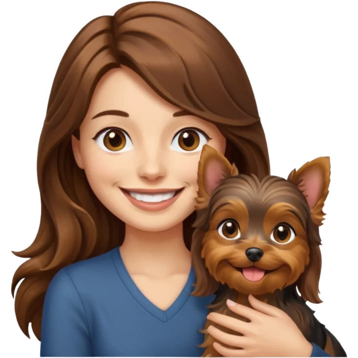 a smiling woman with long wavy brown hair holding a Yorkshire Terrier, emoji style emoji