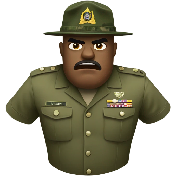 drill sergeant character wearing a classic sergeant hat and a camouflage army shirt. The character should have an angry intense expression. full torso emoji