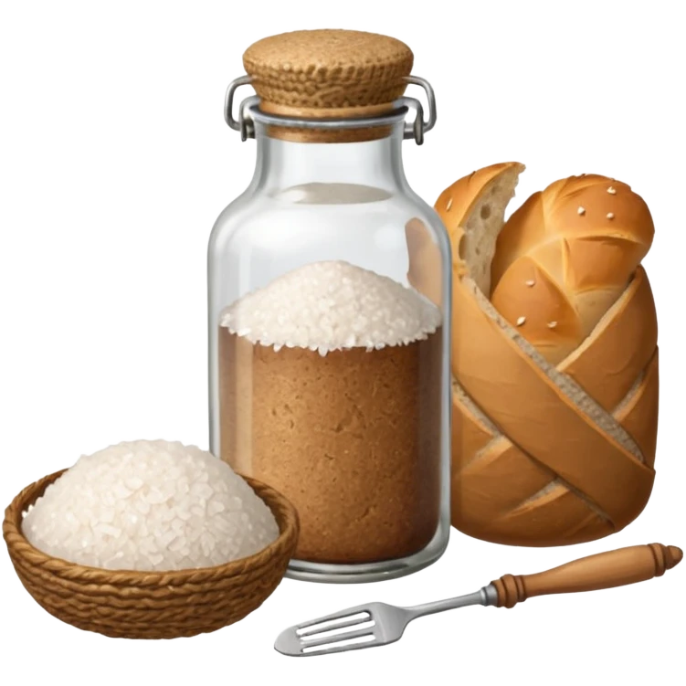 a one victorian bottle of salt and a loaf of bread - crochet needles and a ball of wool emoji