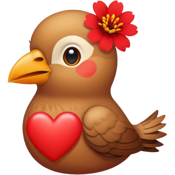 A bird carrying a red flower and heart on its mouse  emoji